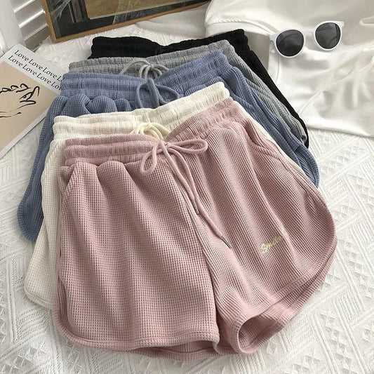 Waffle Knit Sweat Shorts for Women Summer Casual Loose High Waist Home Wear Wide Leg Hot Pants Outerwear