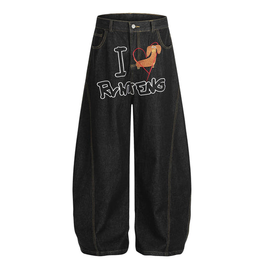 Embroidered puppy baggy curved knife jeans