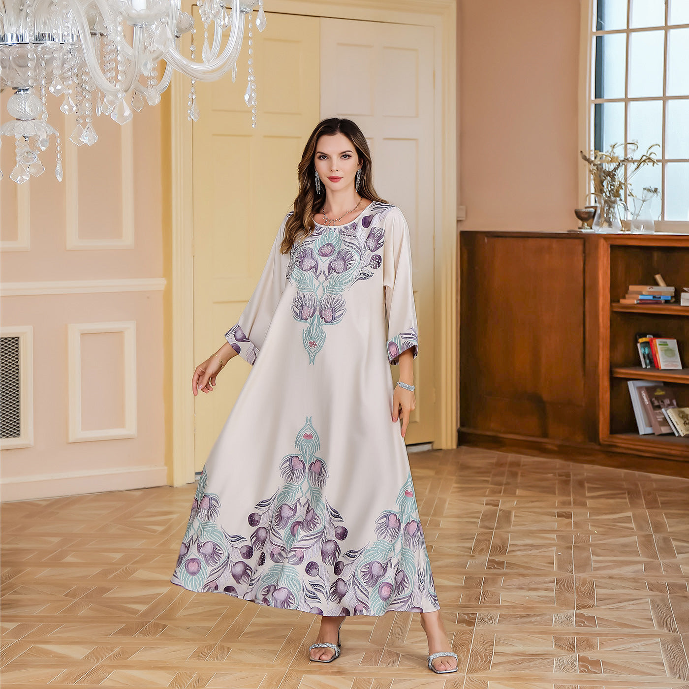 Muslim Rhinestone Printed Long Robe Women's Elegant Middle Eastern Dress Dubai Turkish Abaya Long Dress