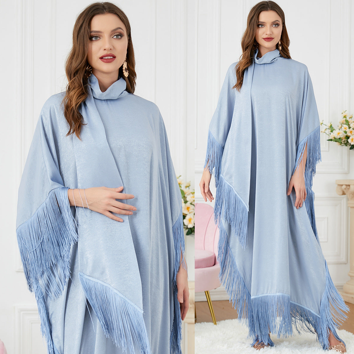 Abaya Muslim Women Tassel Batwing Sleeve Dress Turtleneck Casual Loose Oversized Irregular Hem Robe Moroccan Caftan Ramadan