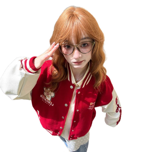 Street Style Red Embroidered Baseball Jacket for Women