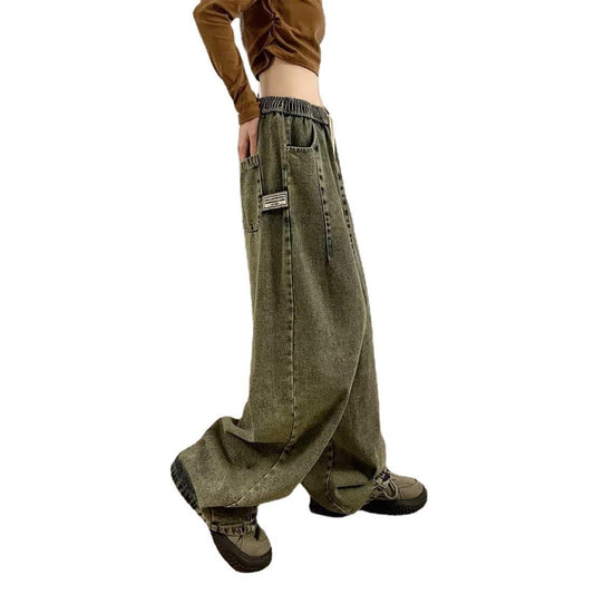 pring Women Vintage Baggy Jeans Elastic Waist Oversized American Trouser Denim Wide Leg Streetwear Straight Basic Pants Y2k