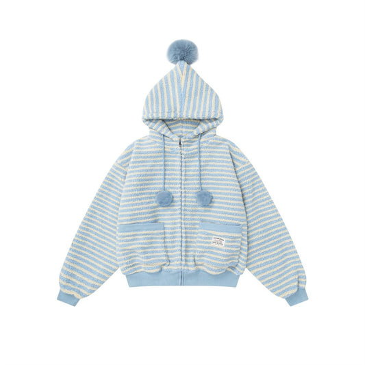 Striped lambskin hood