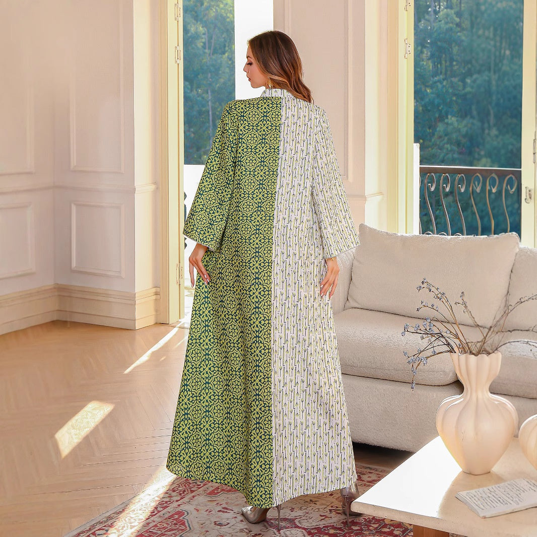 Summer Muslim Spliced Beaded Long Robe Middle Eastern Dubai Abaya Printed Maxi Dress