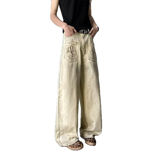 Embroidered denim pants men's wide leg pants