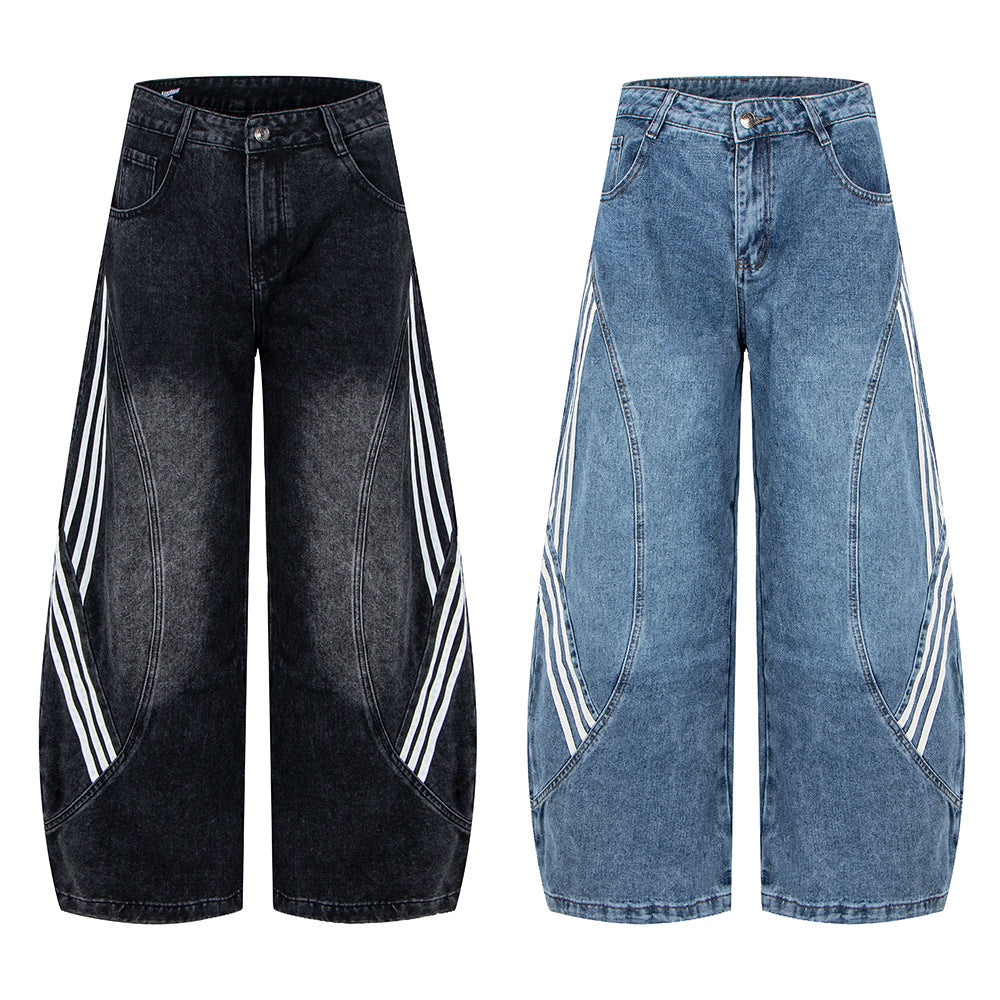 Retro Street Washed Three-Stripe Deconstructed Wide-Leg Jeans