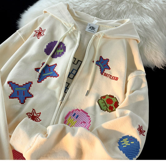 310G Imitation Cotton Cross Woven Non Pilling Winter Plush Sweater Womens Hood Embroidered Back Wrap Double Layer Hood Coat