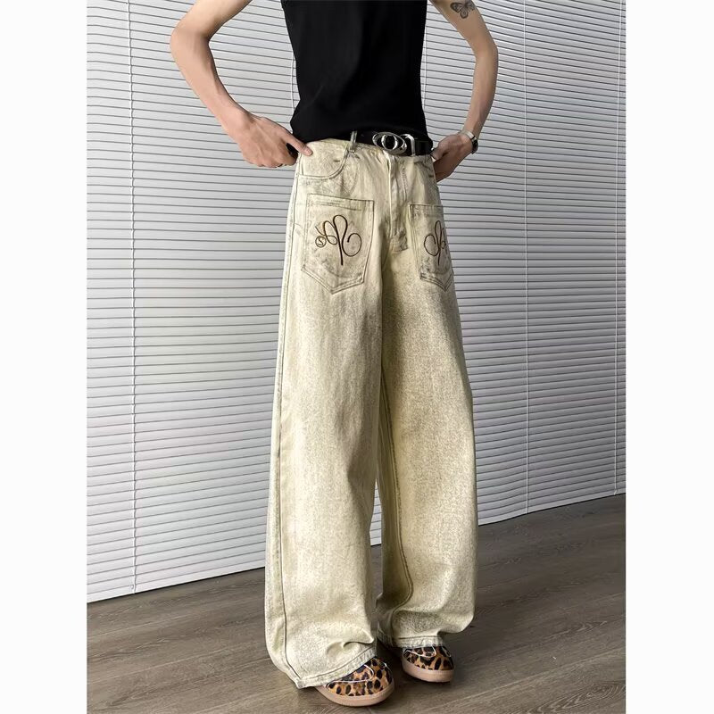 Embroidered denim pants men's wide leg pants