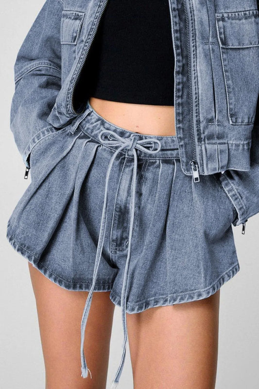 Drawstring Cargo Denim Shorts with Pockets