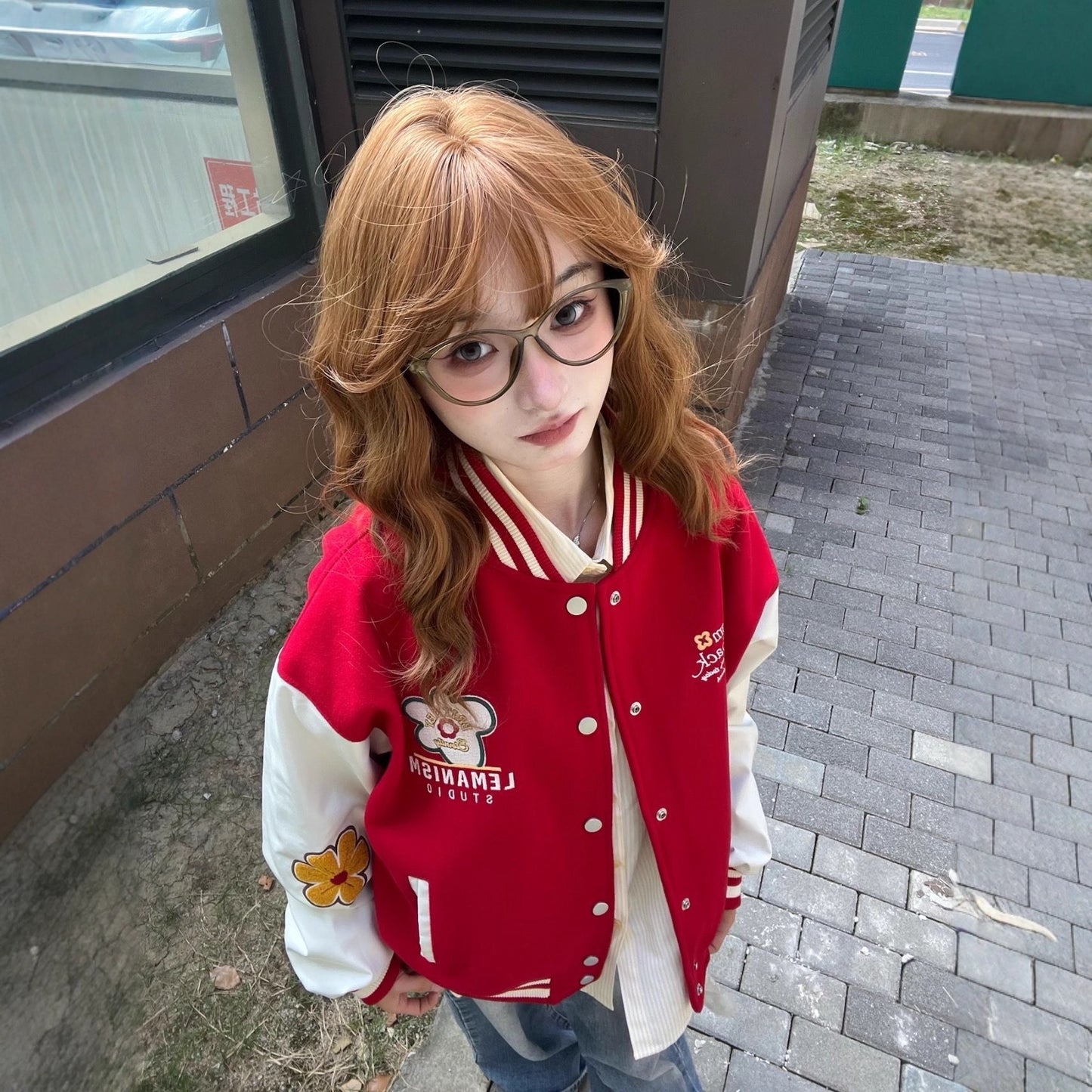Street Style Red Embroidered Baseball Jacket for Women
