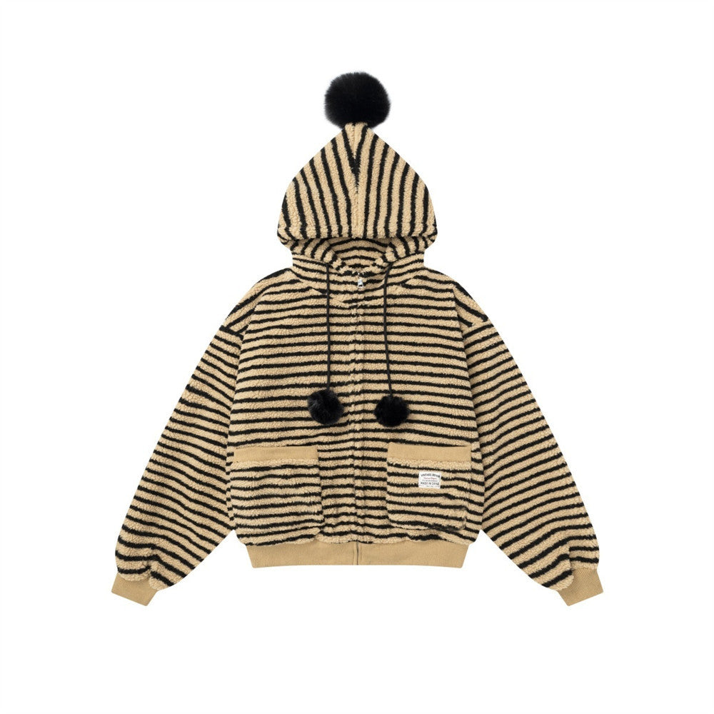 Striped lambskin hood
