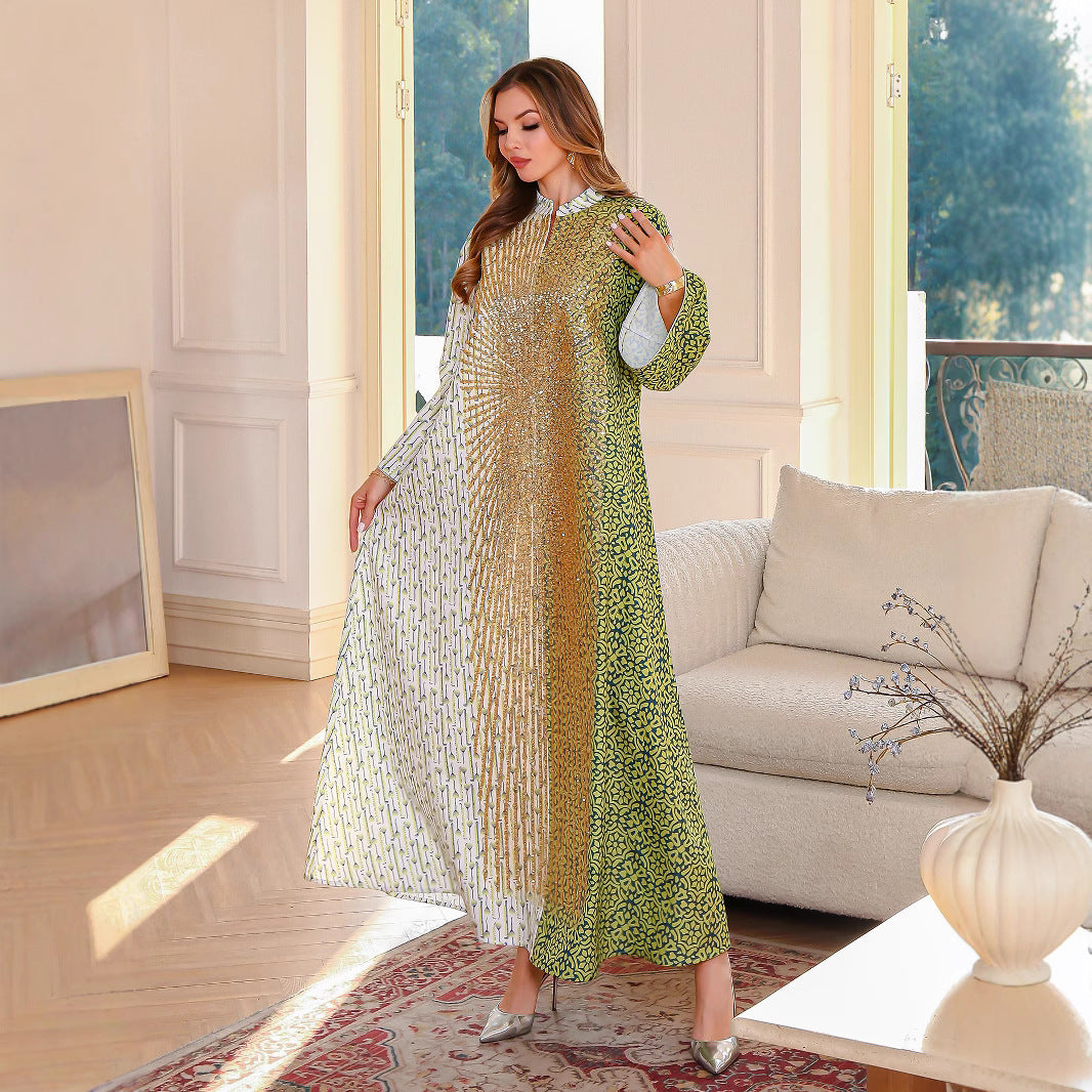 Summer Muslim Spliced Beaded Long Robe Middle Eastern Dubai Abaya Printed Maxi Dress