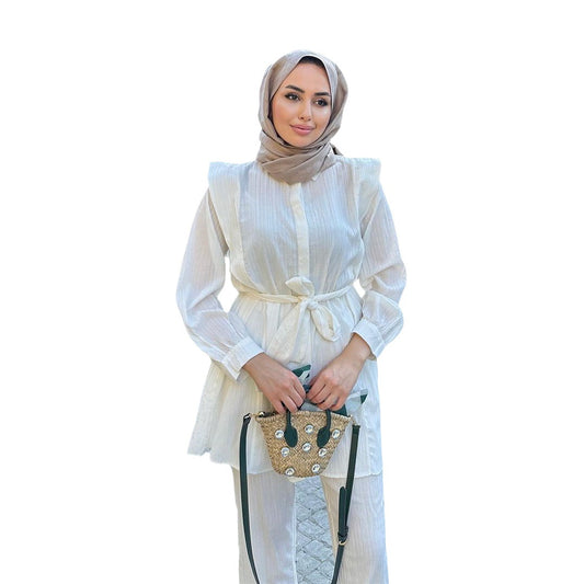 Arab Women's Wrinkled Long Sleeve Belted Shirt Loose Long Casual Set