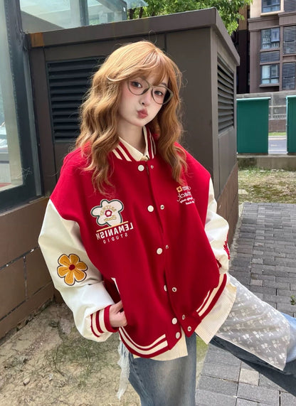 Street Style Red Embroidered Baseball Jacket for Women