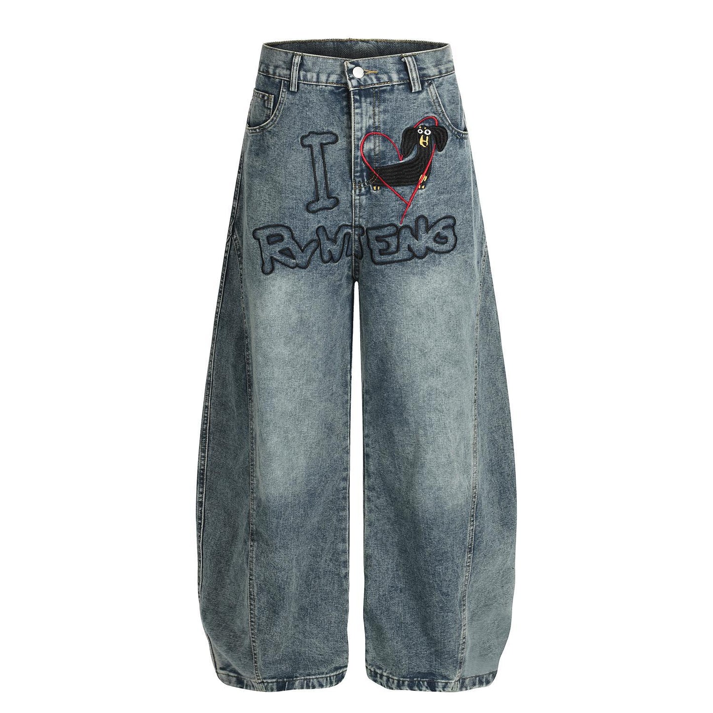 Embroidered puppy baggy curved knife jeans