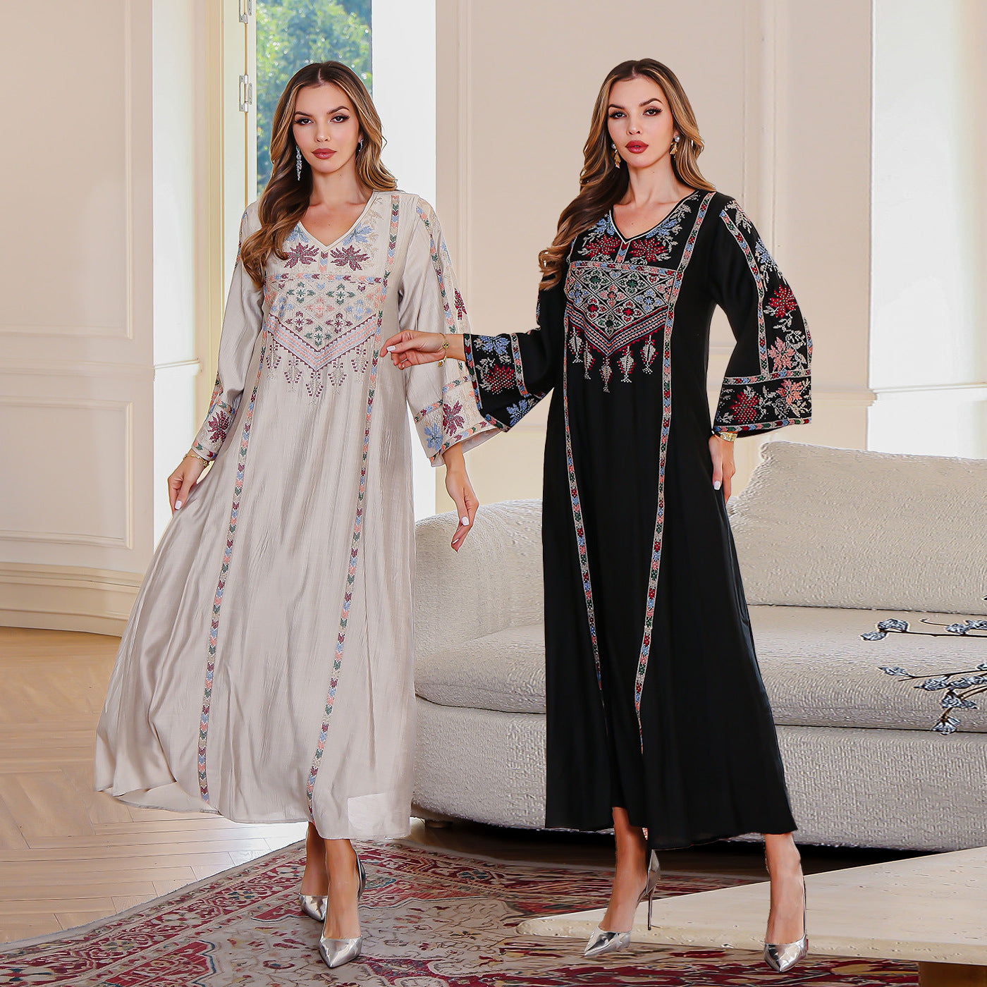 Elegant Muslim Dress Dubai Women's  Embroidered Beaded Long Robe