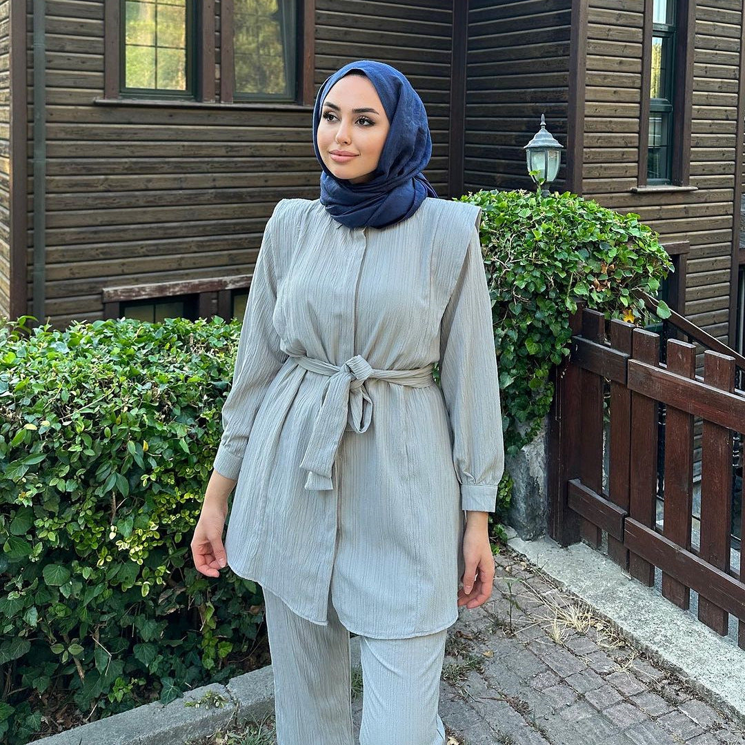 Arab Women's Wrinkled Long Sleeve Belted Shirt Loose Long Casual Set