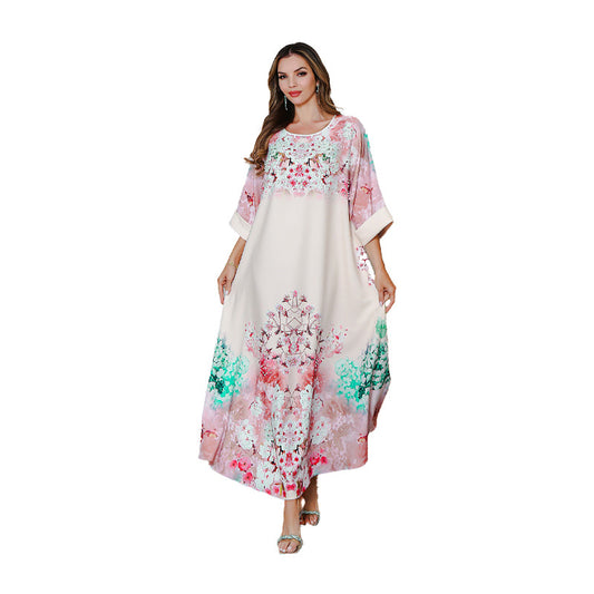 Summer New Muslim Printed Dress Party Middle East Long Dress Abaya Sequined Printed Robe