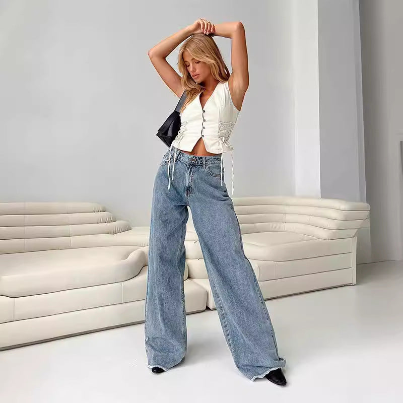 Wide leg denim pants floor length pants