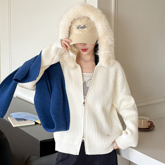 Faux Fur Collar Knit Cardigan with Zipper and Hood for Women