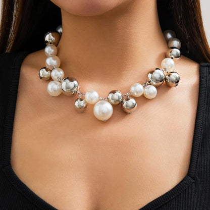 Trendy Imitation Pearl CCB Beaded Necklace for Women Chunky Neck Chain Collar
