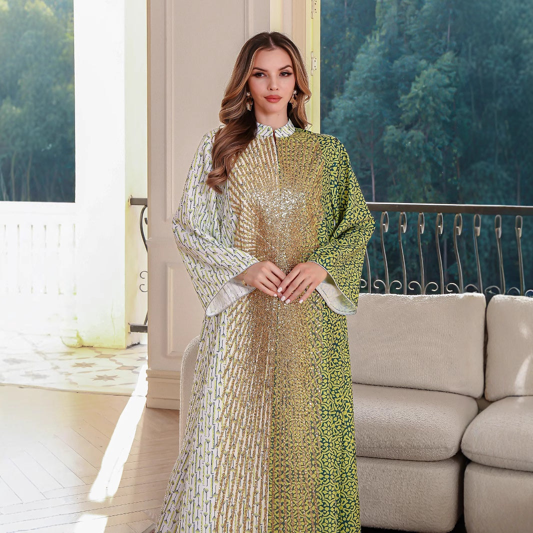 Summer Muslim Spliced Beaded Long Robe Middle Eastern Dubai Abaya Printed Maxi Dress