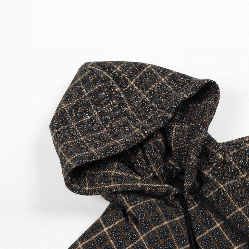 Vintage Men's Cotton Coat with Hood, Plaid, Drawstring, Casual Loose Fit, Fashionable Outerwear for Men