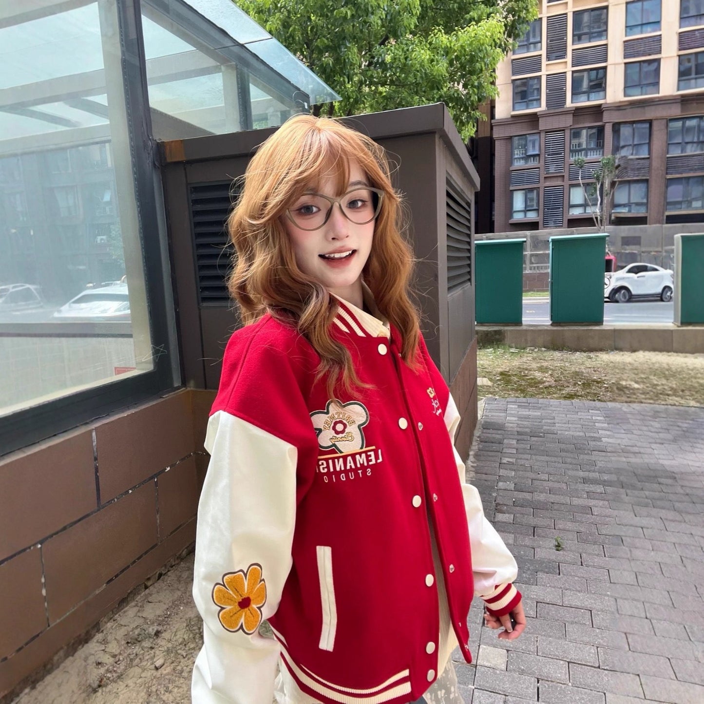 Street Style Red Embroidered Baseball Jacket for Women
