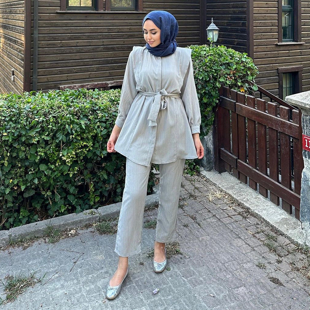 Arab Women's Wrinkled Long Sleeve Belted Shirt Loose Long Casual Set