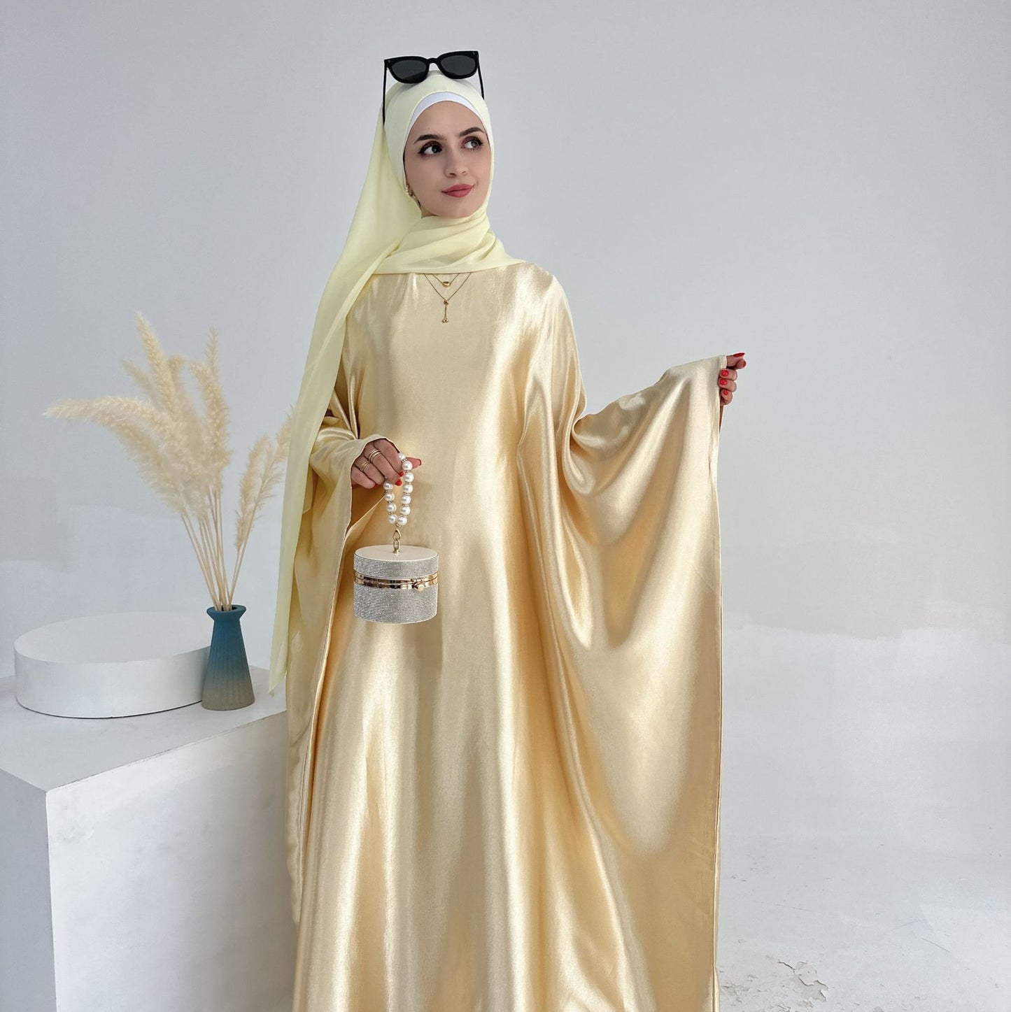 Shiny Lemon Yellow Dress Abaya