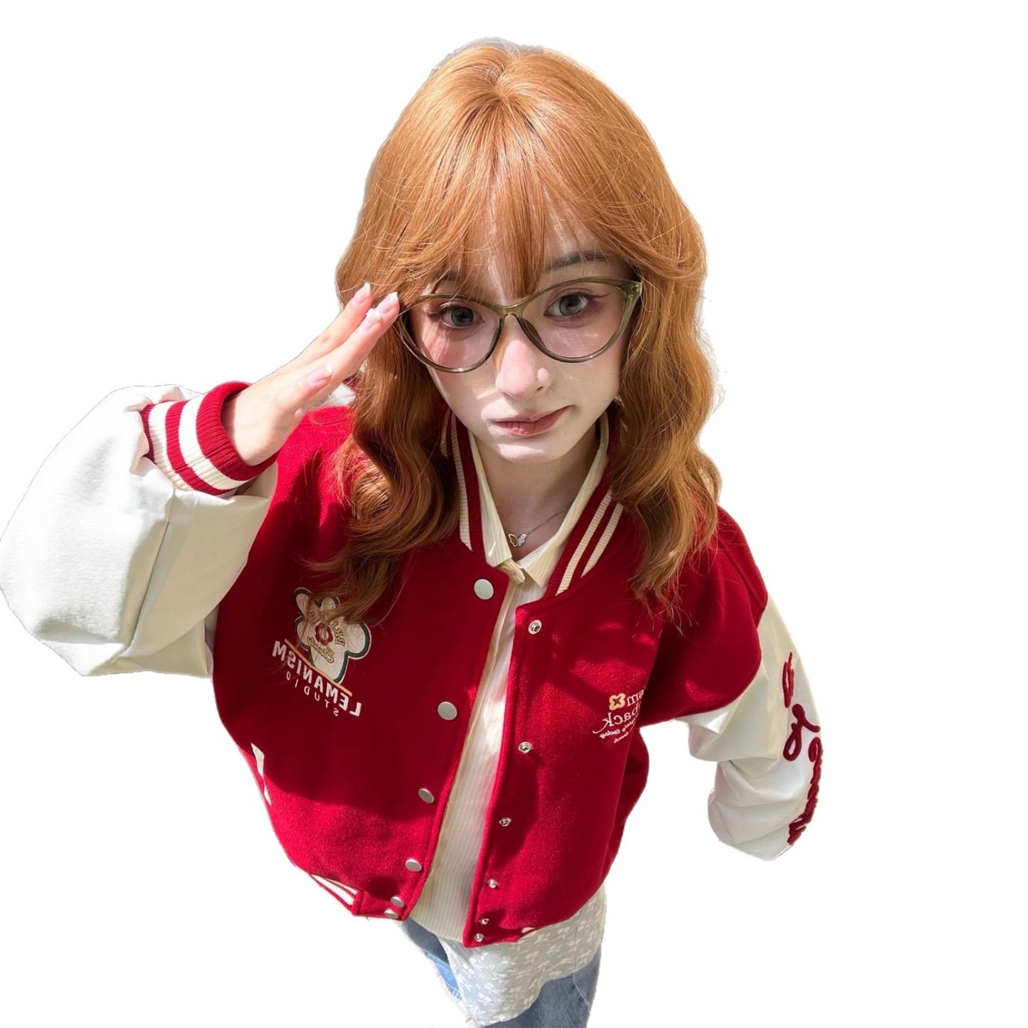 Street Style Red Embroidered Baseball Jacket for Women