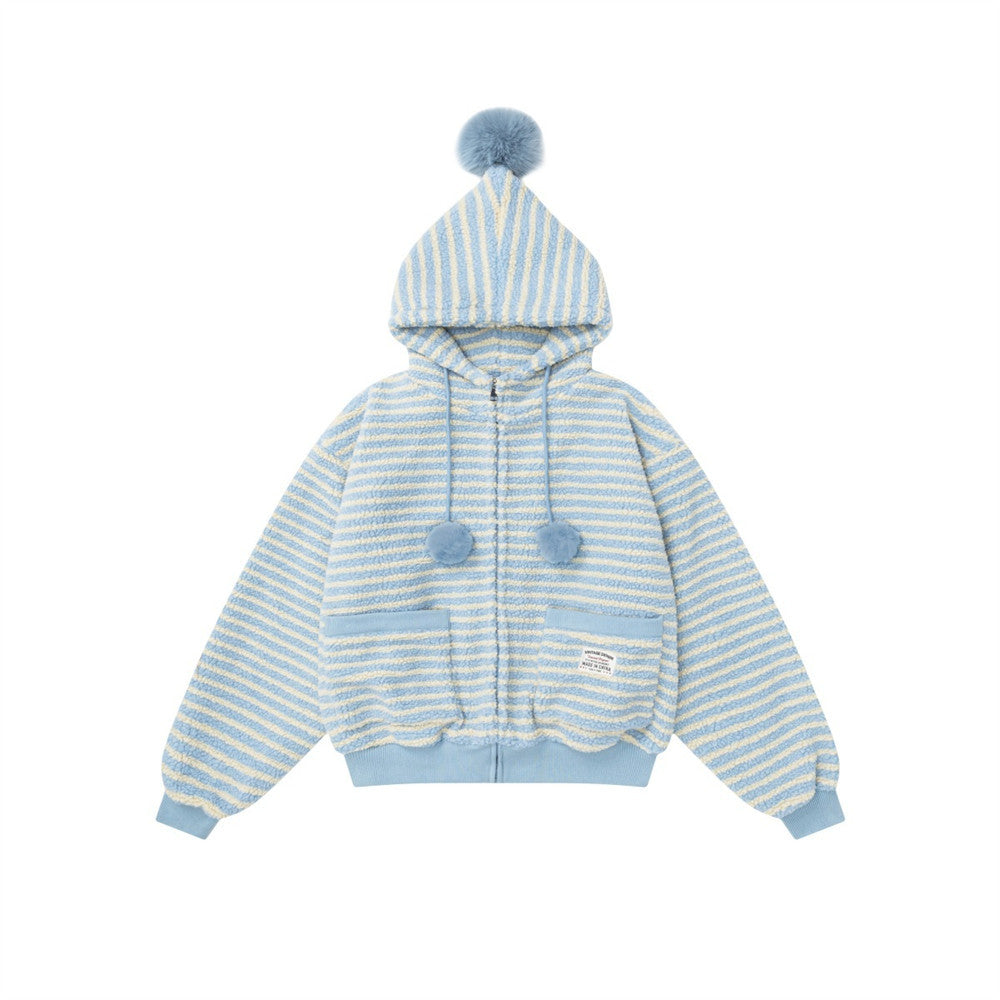 Striped lambskin hood