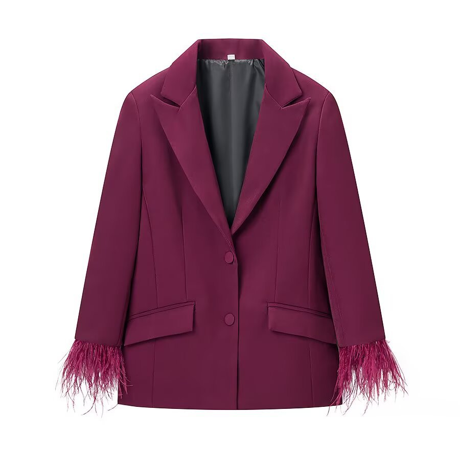 Commuter style feather decorated jacket+high waisted pants set