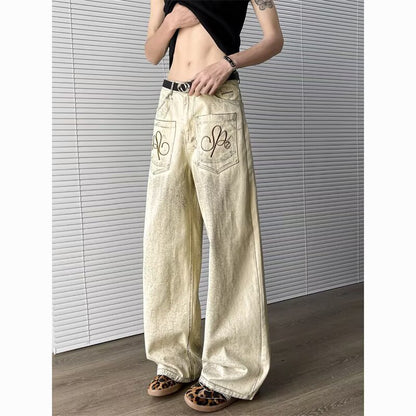 Embroidered denim pants men's wide leg pants