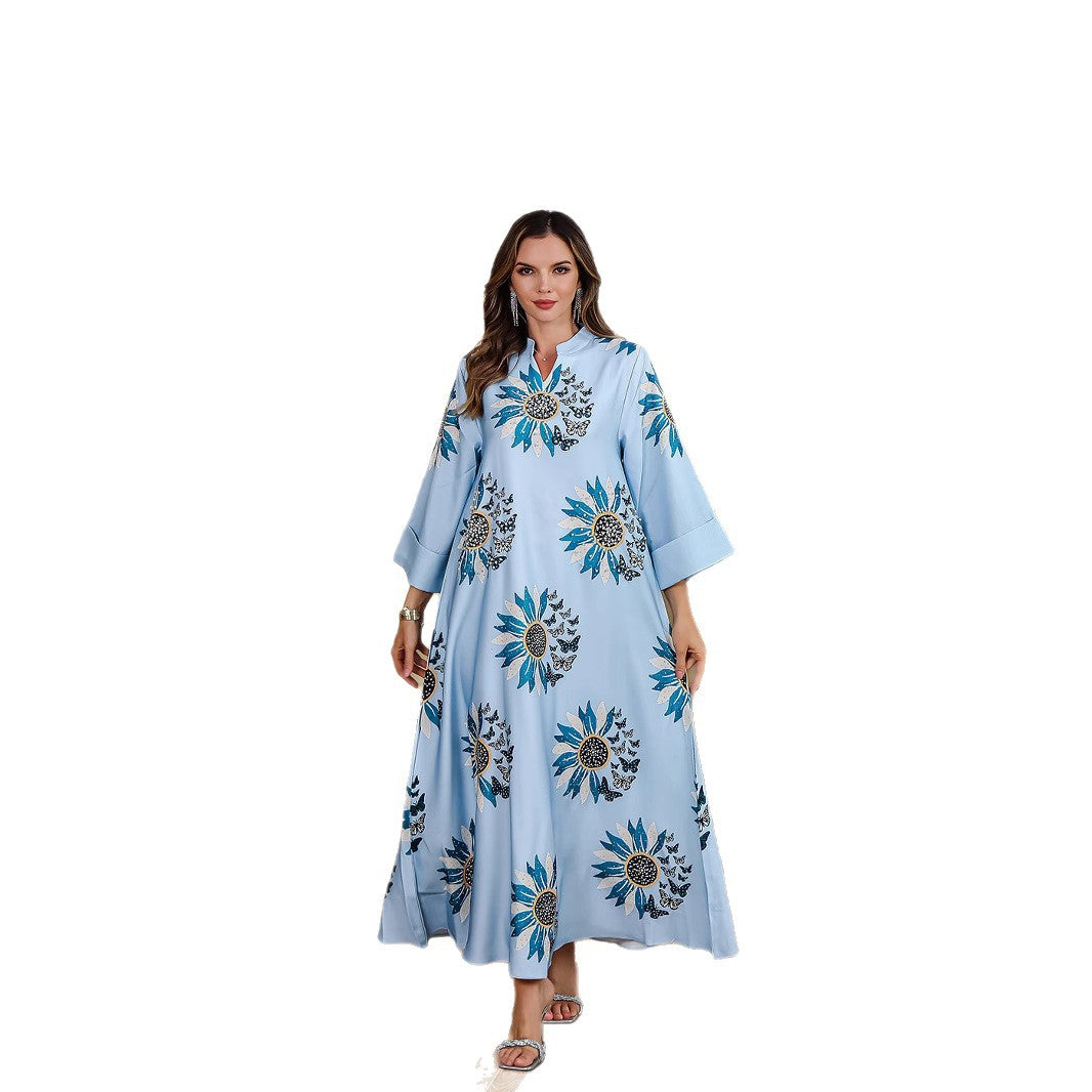 Muslim Printed Long Robe Elegant Middle Eastern Dubai Dress Printed Robe