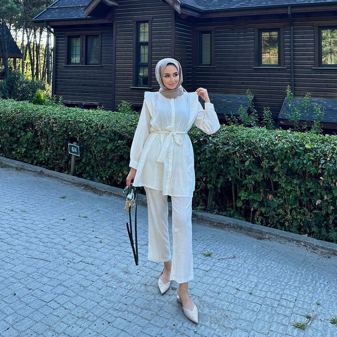 Arab Women's Wrinkled Long Sleeve Belted Shirt Loose Long Casual Set