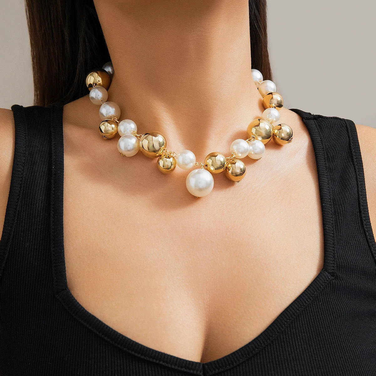 Trendy Imitation Pearl CCB Beaded Necklace for Women Chunky Neck Chain Collar