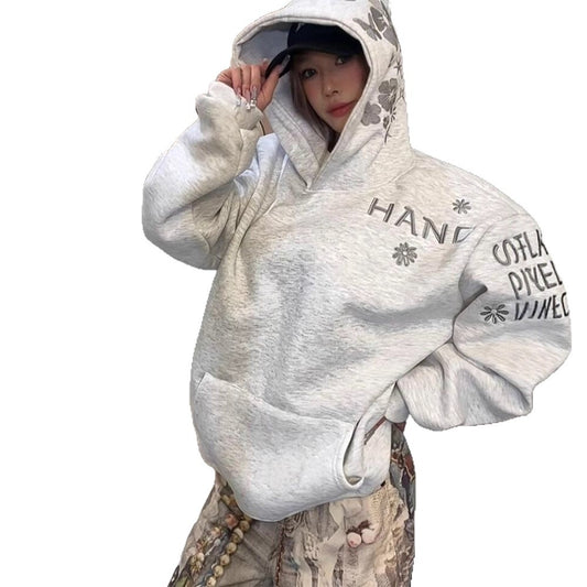 Floral Embroidered Hoodie, Loose Trendy Casual Sweatshirt with Hood