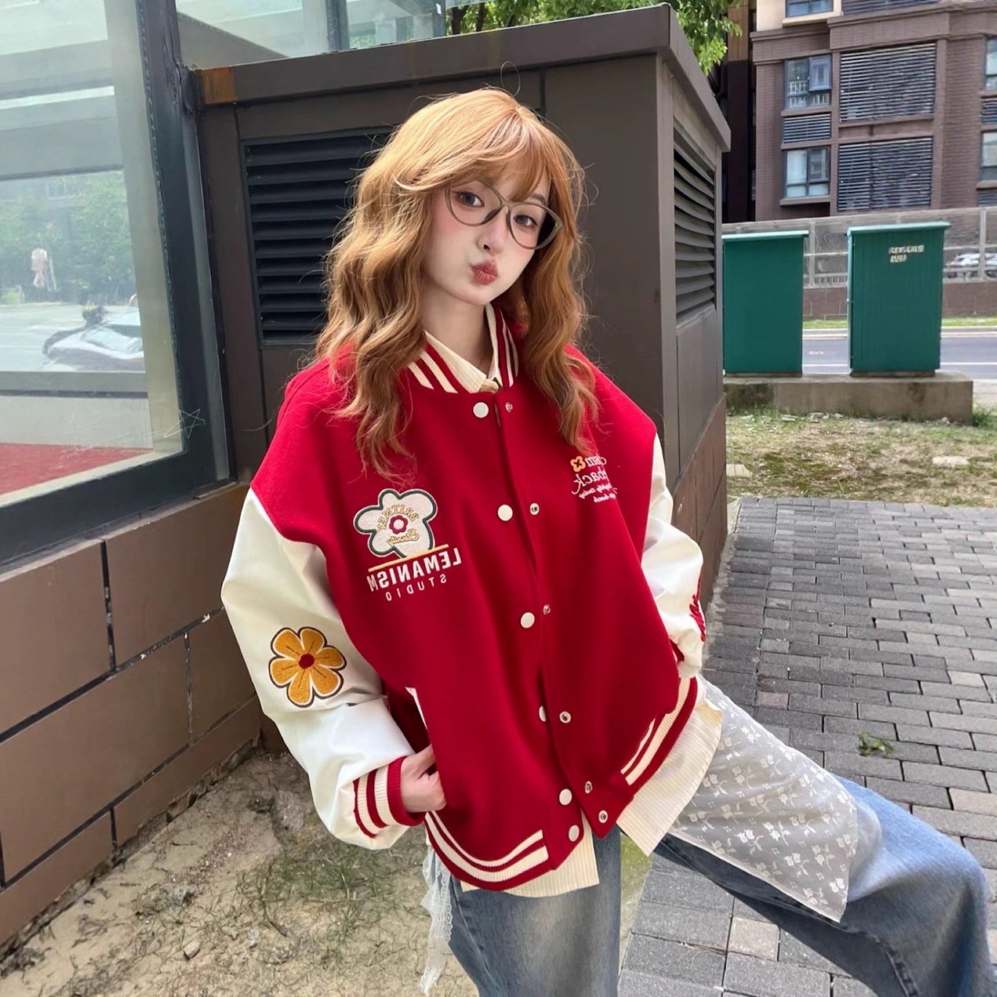 Street Style Red Embroidered Baseball Jacket for Women