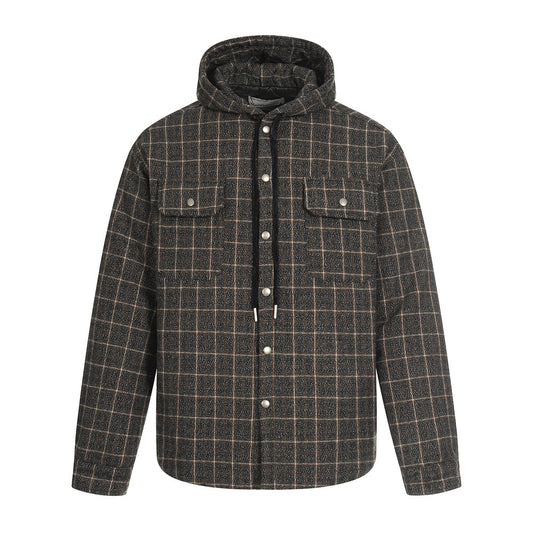 Vintage Men's Cotton Coat with Hood, Plaid, Drawstring, Casual Loose Fit, Fashionable Outerwear for Men