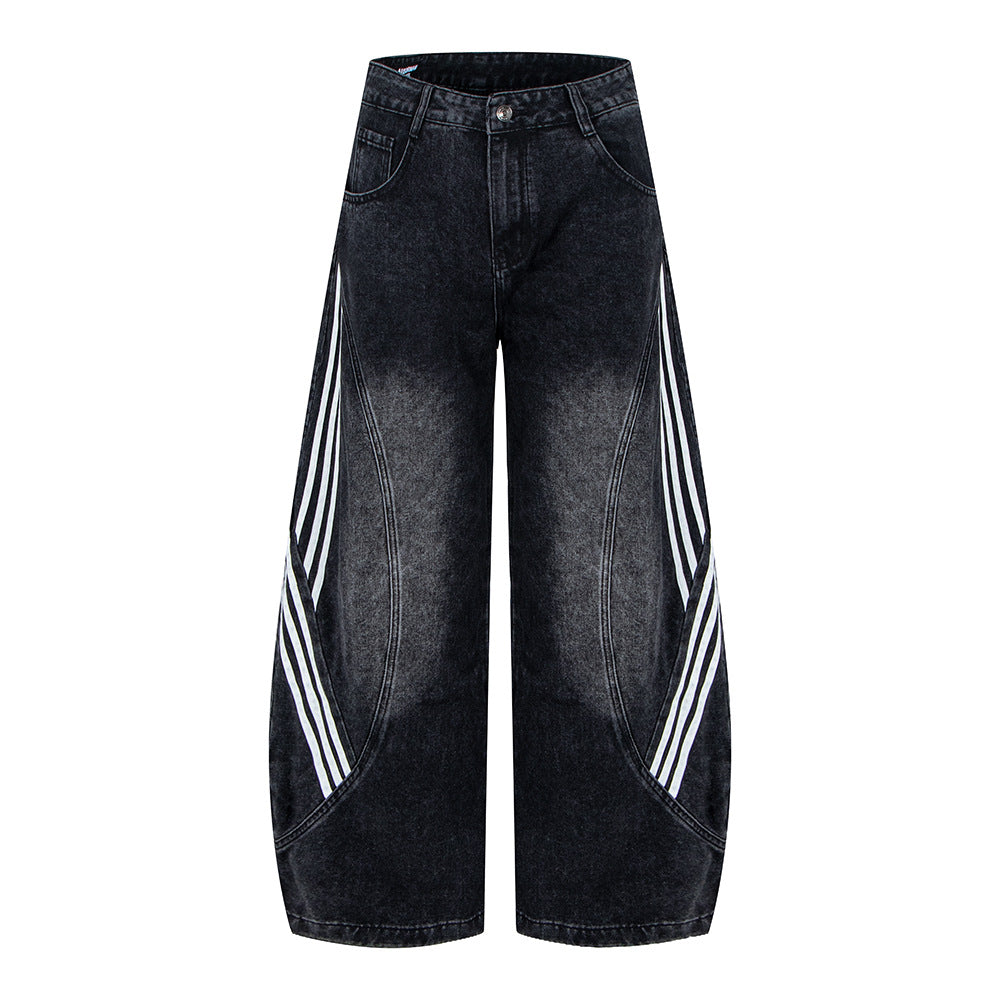 Retro Street Washed Three-Stripe Deconstructed Wide-Leg Jeans