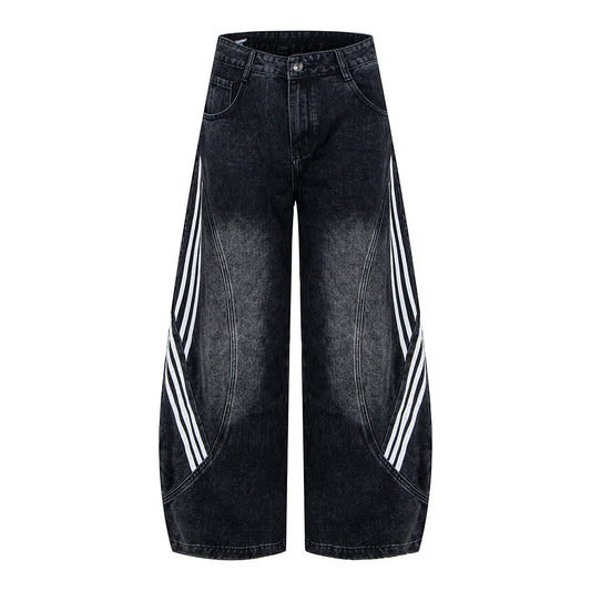 Retro Street Washed Three-Stripe Deconstructed Wide-Leg Jeans