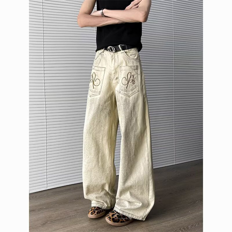Embroidered denim pants men's wide leg pants