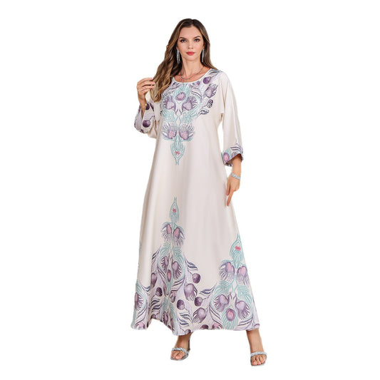 Muslim Rhinestone Printed Long Robe Women's Elegant Middle Eastern Dress Dubai Turkish Abaya Long Dress