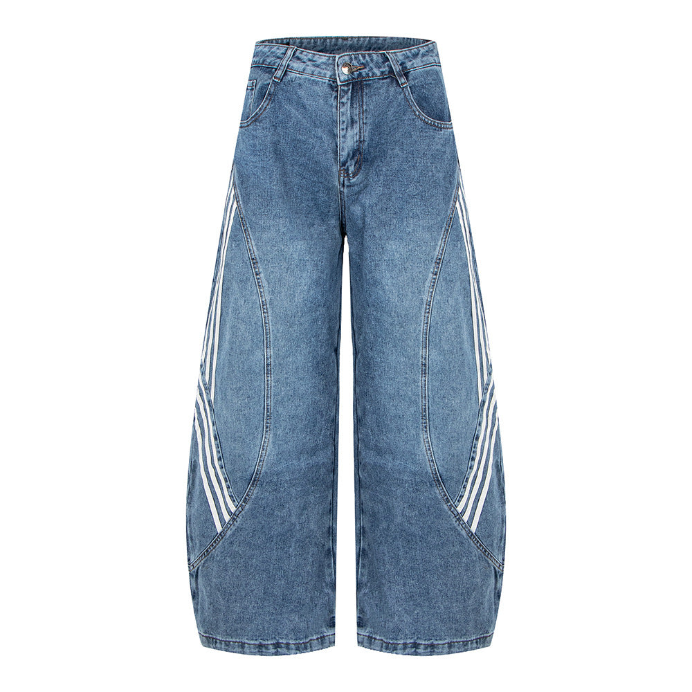Retro Street Washed Three-Stripe Deconstructed Wide-Leg Jeans