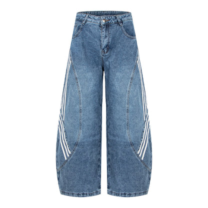 Retro Street Washed Three-Stripe Deconstructed Wide-Leg Jeans