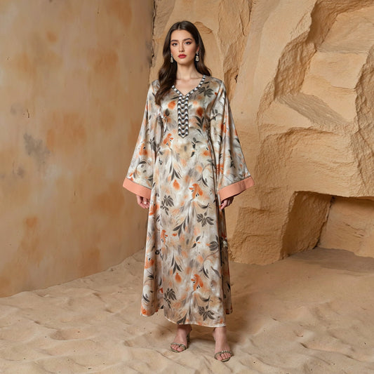Elegant Printed Abaya Long Dress Muslim Fashion Dubai Style Middle Eastern Clothing