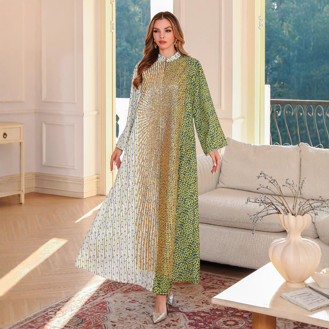 Summer Muslim Spliced Beaded Long Robe Middle Eastern Dubai Abaya Printed Maxi Dress