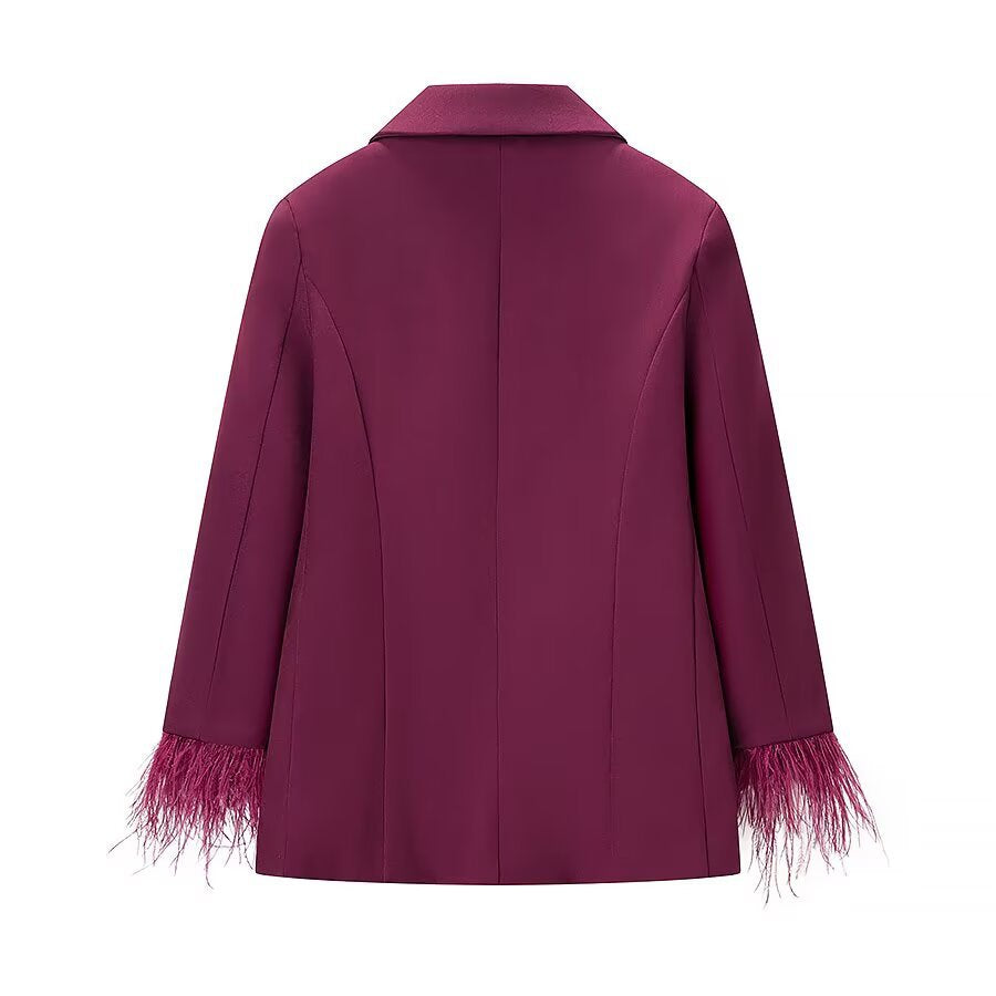 Commuter style feather decorated jacket+high waisted pants set