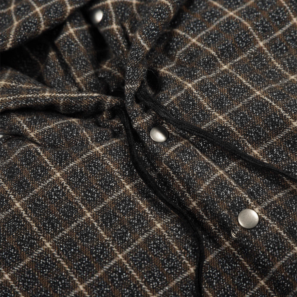 Vintage Men's Cotton Coat with Hood, Plaid, Drawstring, Casual Loose Fit, Fashionable Outerwear for Men